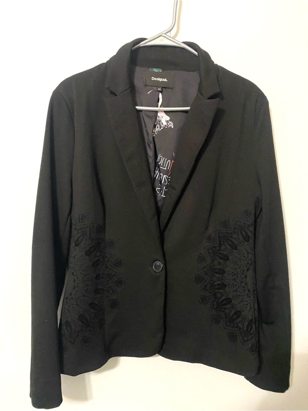 Desigual Black Single-Button Embroidered Blazer with graphic lining Womans L/XL
